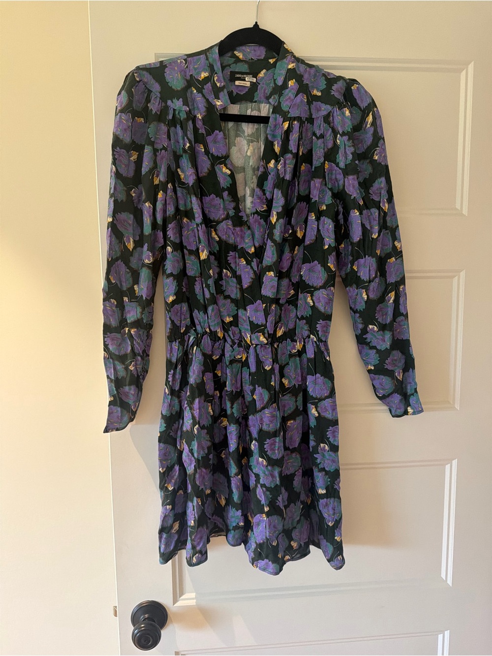 Zadig & Voltaire Black Long-Sleeve Floral V-Neck Dress w/ Purple Flowers size S